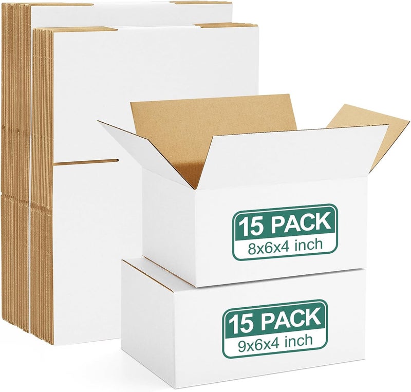 Eupako 30 Pack Small Shipping Boxes Assorted Sizes, 8x6x4 & 9x6x4 15 PCS Each Small Boxes, White Corrugated Box Mailers, Cardboard Boxes for Packaging Small Business, Mailing - Image 1